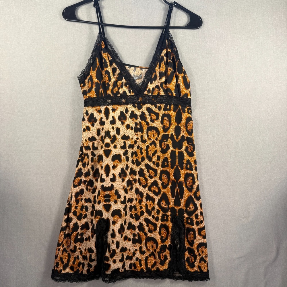 Womens S/M Leopard Print Slip Dress Lace Trim V-Neck Y2K Indie Sleaze Grunge